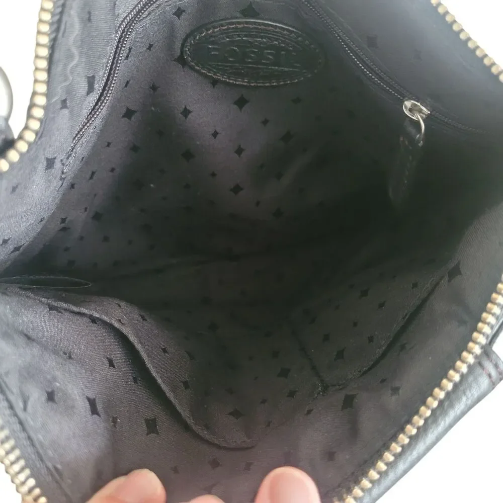 Fossil Turn Lock Crossbody Bag Purse Black Pebbled Leather Classic Career Casual